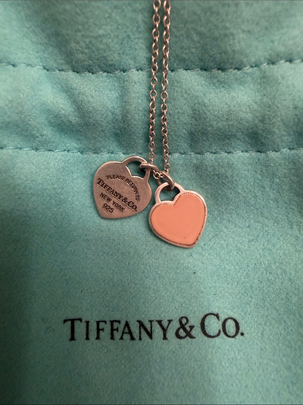 Tiffany & Co. Double Heart Tag Mini Silver Necklace with Pink Heart Charm